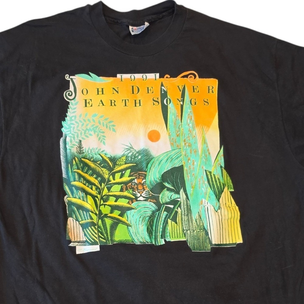 Vintage Mens John Denver 1991 Earth Songs T-Shirt Black Hanes Tiger XL